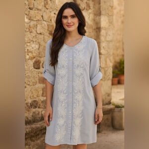J.Jill Embroidered 3/4 Roll Tab Button Down Midi Dress Lilac/Light Blue NWOT